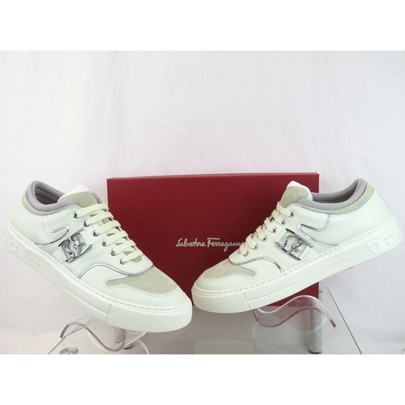 $795 FERRAGAMO NORIS WHITE LEATHER BEIGE SUEDE SF LOGO SNEAKERS 10 M ITALY main image 5